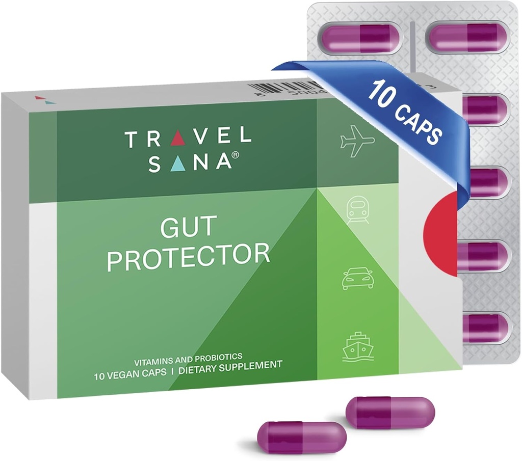 Digestive Health Support for Travelers |Stop & Prevent Diarrhea, Bloating, Gas |Boost Immune System |Probiotics & Essential Vitamins |Fast-Acting |10 Vegan Caps
