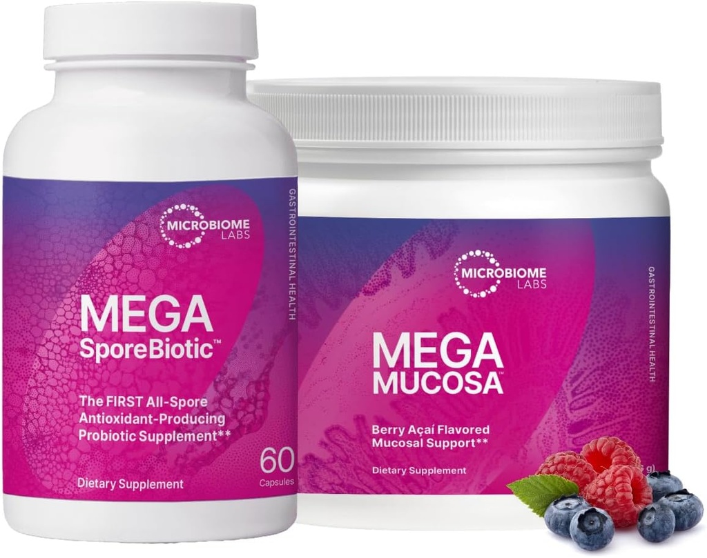 Microbiome Labs MegaSporeBiotic(60カプセル) + MegaMucosa(5.5ozパウダー) ProbioticとGut Mucosalサポートバンドル - Immunoglobulins、アミノ酸パウダーサプリメントでSporeベースのProbiotic