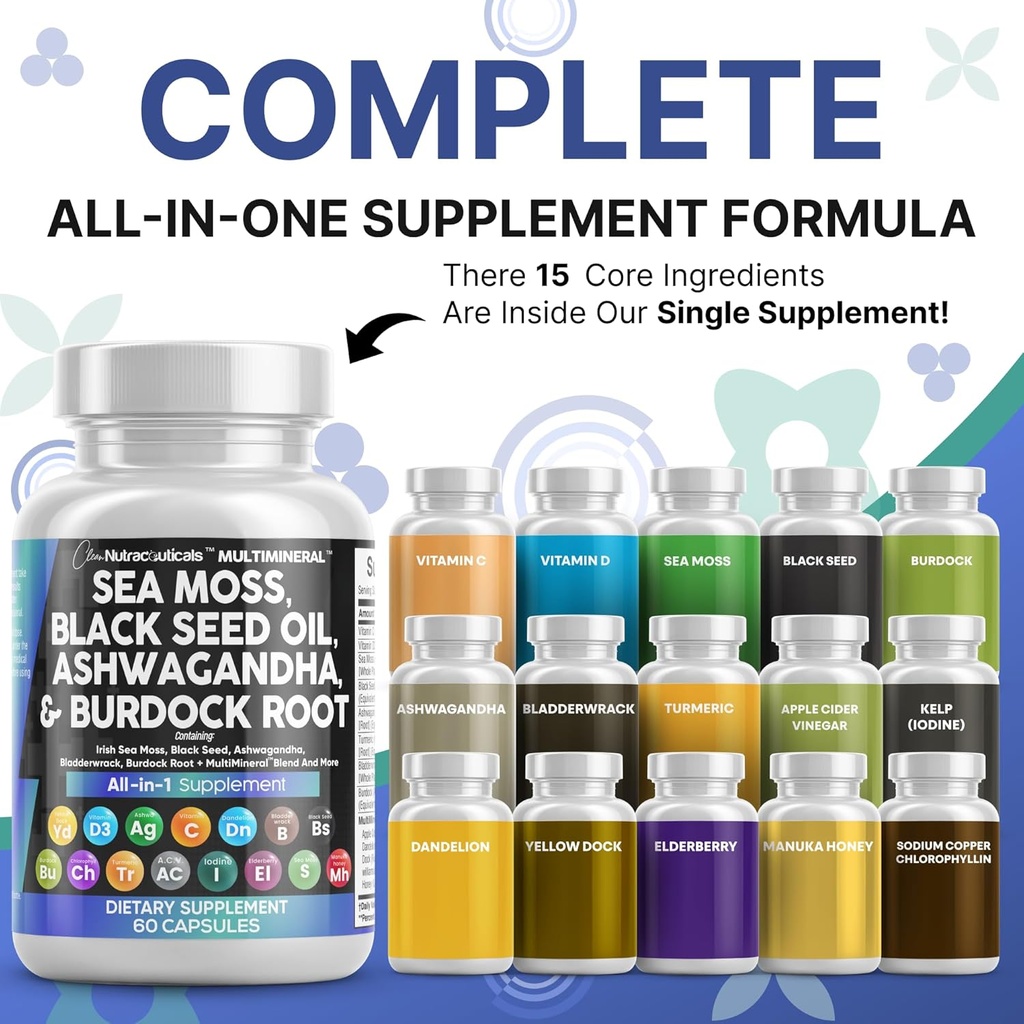きれいなNutraceuticals海の苔の黒い種油のAshwagandhaのTurmeric Bladderwrack Burdock及びElderberry Manuka Dandelionの黄色いドックのIodineのChlorophyll ACV - 2Pack