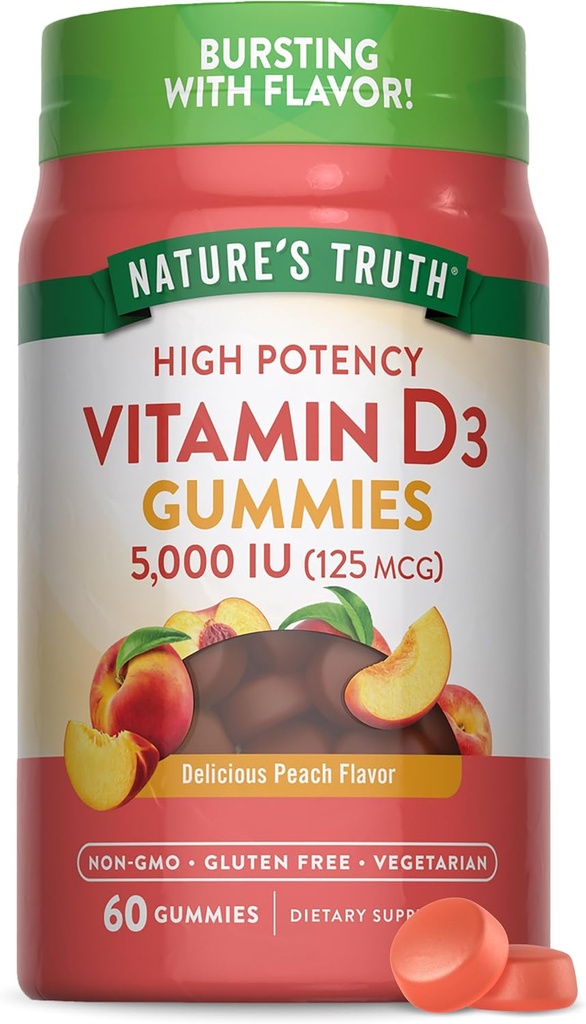 Nature's Truth Vitamin D3グミー | 5000 IU | 60カウント | ピーチフレーバー | ベジタリアン・非GMO・グルテンフリー対応サプリメント