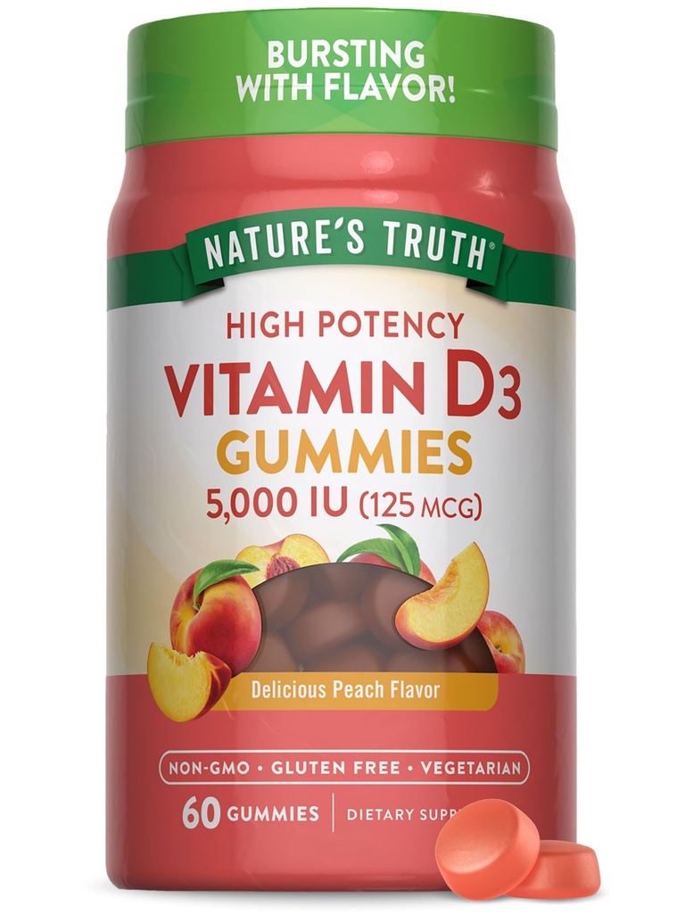Nature's Truth Vitamin D3グミー | 5000 IU | 60カウント | ピーチフレーバー | ベジタリアン・非GMO・グルテンフリー対応サプリメント