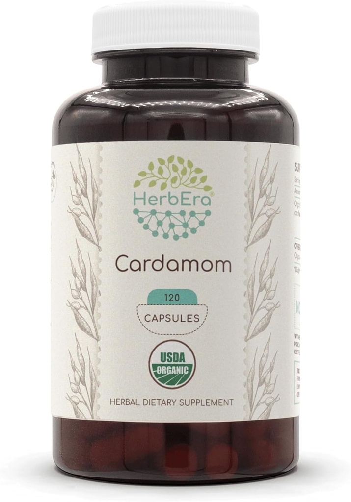 HerbEra Cardamom USDA Organic 120カプセル | 天然ハーブサプリメント | 認定オーガニック ベジタリアンカプセルとオーガニック カルダモン(Elettaria cardamomum) ドライポッド(120カプセル)