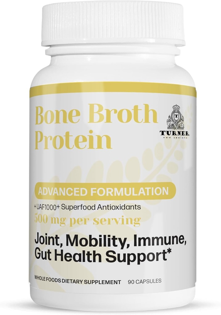 TURNER Bone Broth Protein with UAF1000+, 100% Grass-Fed New Zealand Beef Bone Collagen, Hydrolyzed, Joint, Skin, Hair & Nail Support, Anti-Aging, Joint Comfort & Mobility, 90 Capsules, 1 Bottle