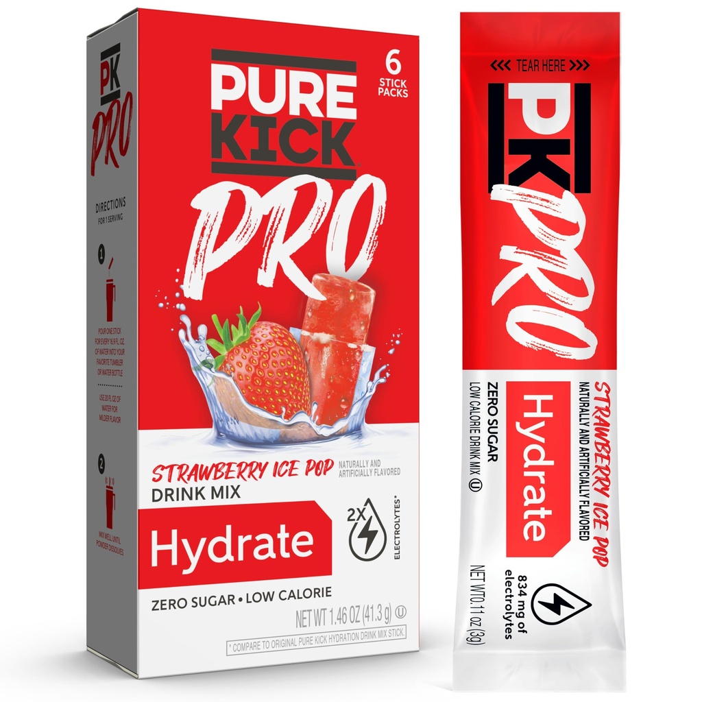PURE KICK PRO ハイドレーション電解ドリンクミックス、イチゴアイスポップ、各ボックスに6パケット付き1箱入り