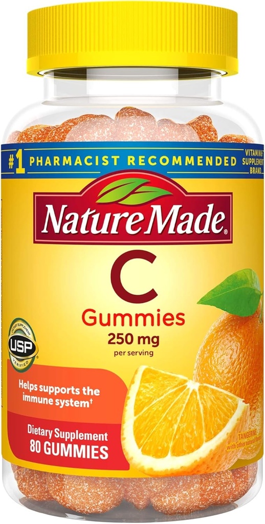 Vitamin C Gummies 250 mg, 80 Count, For Immune Support, Antioxidant Support, Collagen Support for Skin Health, Tangerine