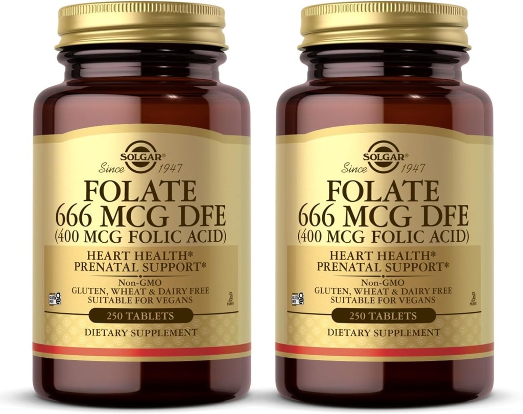 Solgar Folate 666 mcg DFE (Folic acid 400 mcg) - 250 錠, パック 2 - Prenatal サポート - Non-GMO, 完全菜食主義者の, グルテンフリー, 酪農場無料, Kosher - 500 総サービング