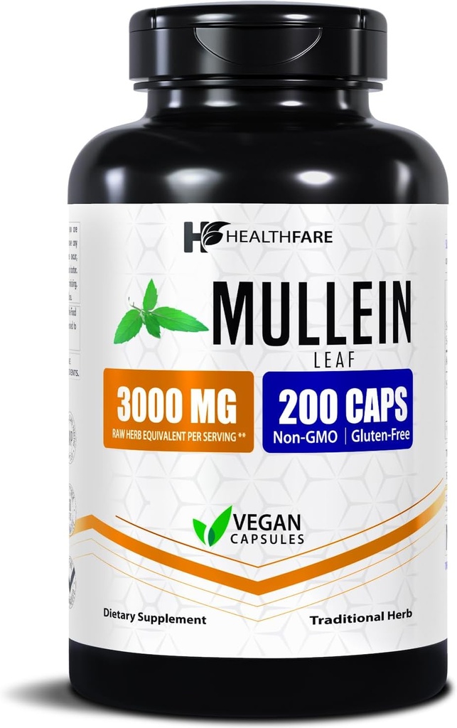 Healthfare Mullein リーフエキス 3000mg | 200 ビーガンカプセル | 余分な強さの草の補足 | サポートウェルネス & バランス | 非GMO、グルテンフリー | アメリカ製