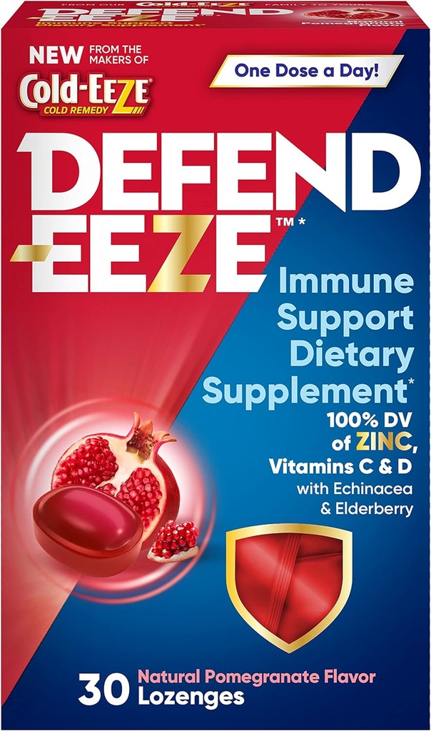 Defend-EEZE免疫サポート栄養補助食品ロゼンジ、エキナセア&エルダーベリー、ザクロフレーバー、30ロゼンジと、亜鉛、ビタミンC&Dの100%毎日の値