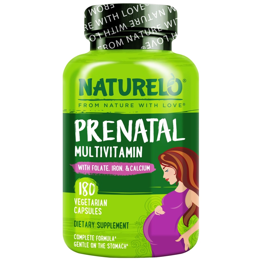 NATURELO Prenatal Multivitamin with Gentle Chelated Iron, メチル Folate, 植物カルシウム & コリン - ビーガン, ベジタリアン - 非GMO - グルテンフリー - 180 カプセル - 2 ヶ月の供給
