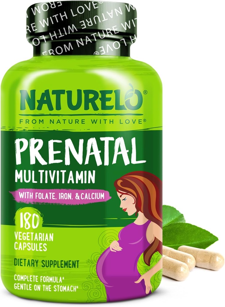 NATURELO Prenatal Multivitamin with Gentle Chelated Iron, メチル Folate, 植物カルシウム & コリン - ビーガン, ベジタリアン - 非GMO - グルテンフリー - 180 カプセル - 2 ヶ月の供給