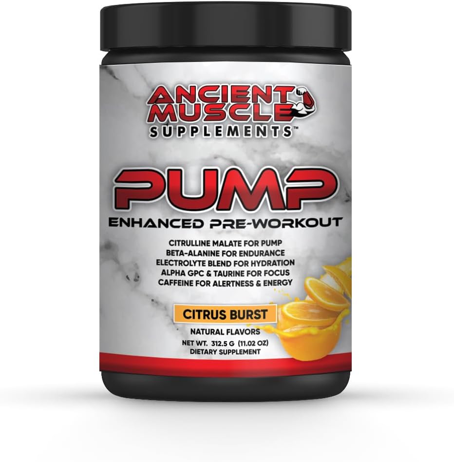 Pump Pre Workout Supplement with Citrulline Malate, Beta Alanine, Alpha GPC - Enhanced Pump Supplement Improves Energy, Focus & Absorption - Citrus Burst Protein Powder