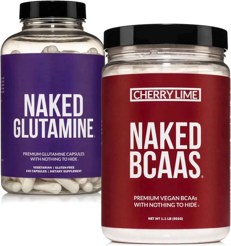 NAKED Cherry Lime BCAAs 34 Sevings + Pure L-Glutamine 240 Capsules Bundle: Non-GMO, Gluten Free, Muscle Recovery, Nothing Artificial