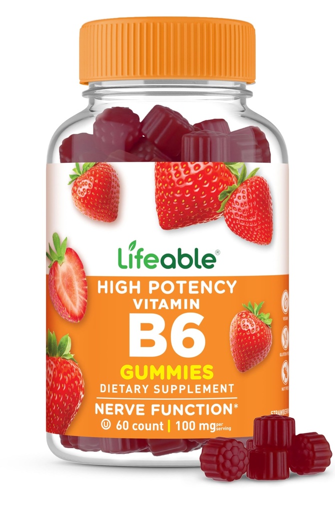 生みやすいビタミンB6グミ | 100mg | グレートテイスティングVIT B6サプリメント | 完全菜食主義者のビタミンB6 サプリメント | ビタミンB 6 大人、男性、女性 | 60 グミ