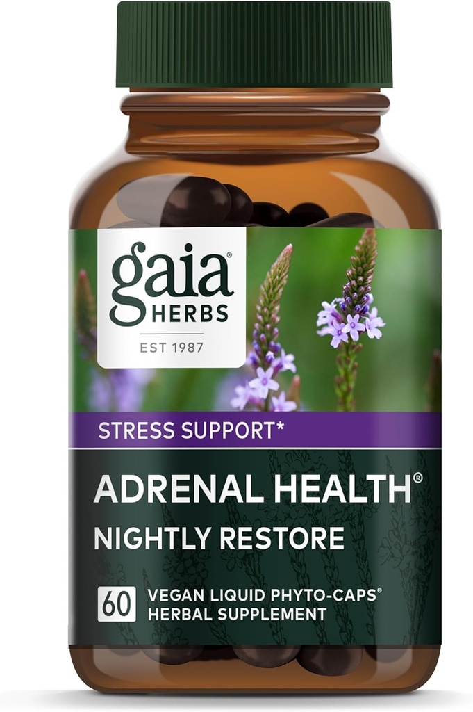 Gaia Herbs Adrenal Health Nightly Restore - Herbal Supplement with Ashwagandha, Magnolia Bark, Cordyceps, Lemon Balm & More* - 60 Vegan Liquid Phyto-Capsules (30 Servings)