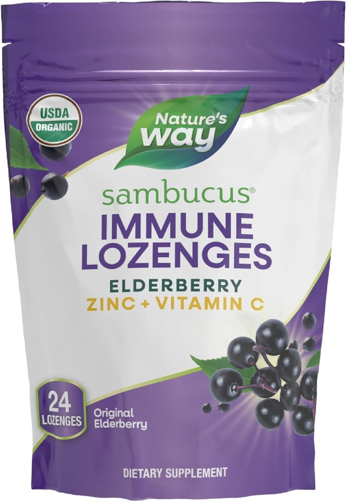 Nature's Way Sambucus Immune Lozenges、亜鉛+ビタミンC、ブラックエルダーベリーエキス、USDA認定オーガニック、オリジナルベリー風味、24ローゼンジ(パッケージ5月Vary)