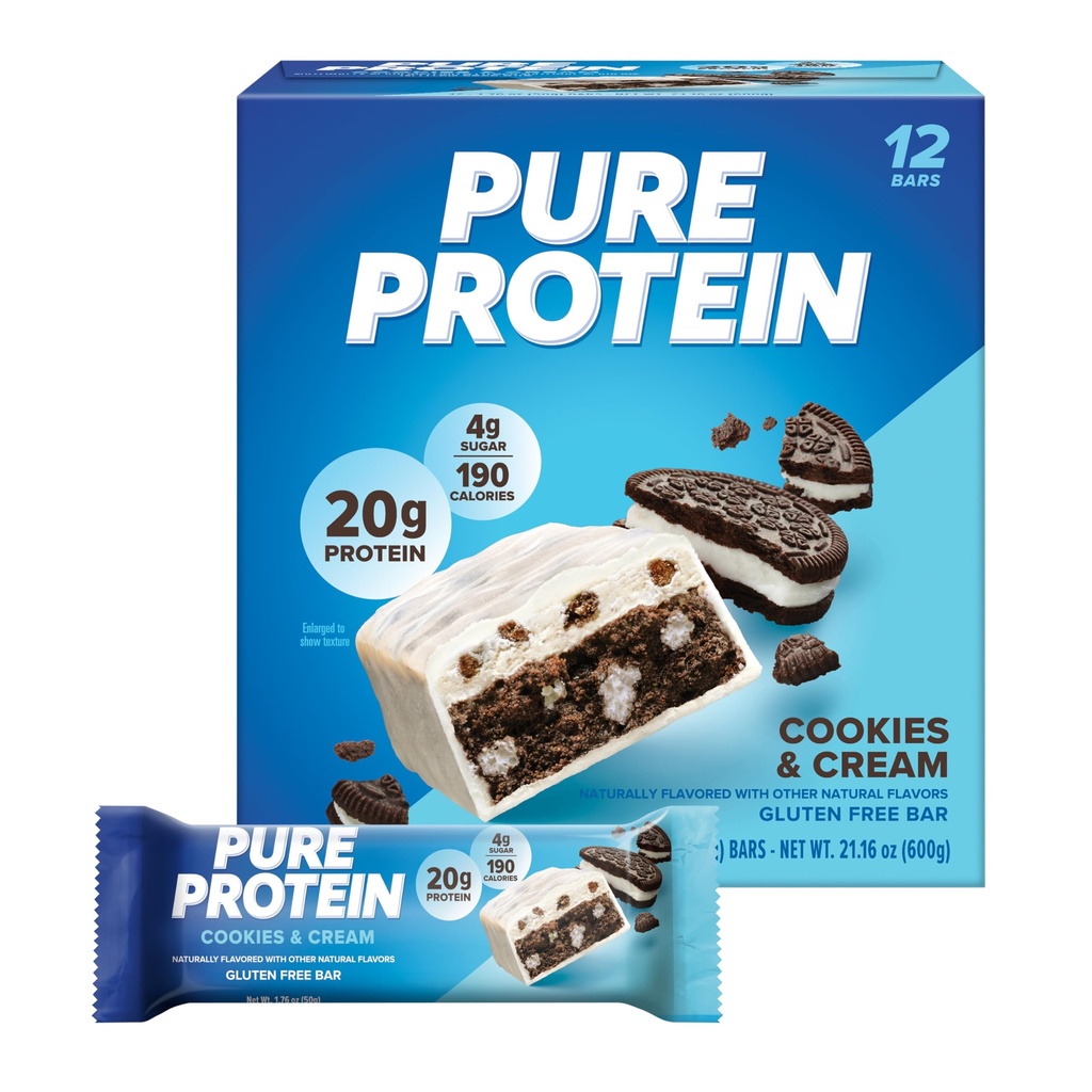 Pure Protein Cookies And Cream Protein Bars – 20g Protein, 3g Sugar, 190 Calories (12 count) Low Sugar* High Protein Snack - Gluten Free - Perfect for a Healthy Snack