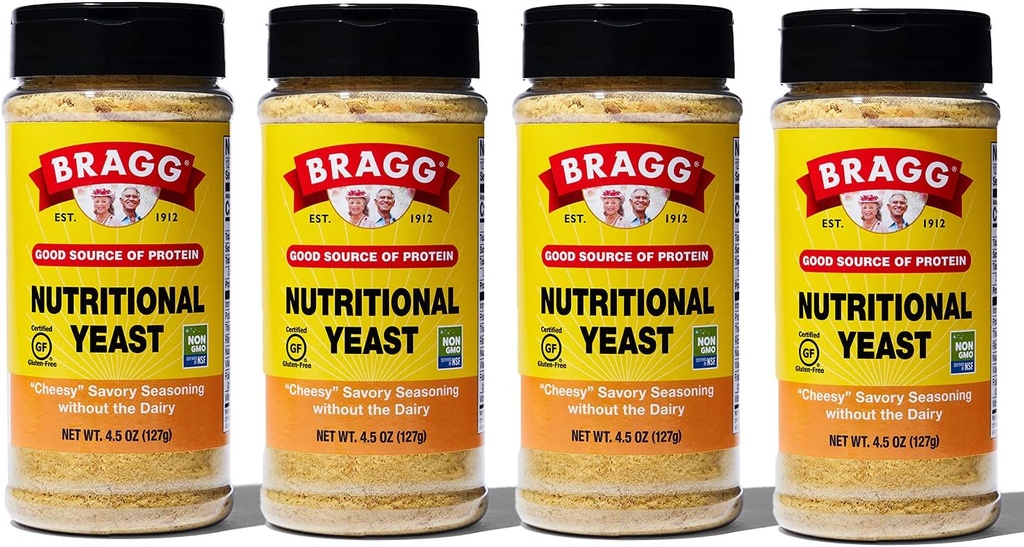 Bragg Nutritional Yeast Seasoning – ビーガン, グルテンフリーチーズフレーク – タンパク質の良好なソース & ビタミン – 栄養価の高いサボリーパルメザンチーズ代替品 – 非GMO検証済み, 4.5 オーアンス, 4-パック