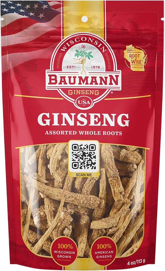 Baumann WisconsinのGinsengは全根4のoz -高められたエネルギーのための100%の自然なPanaxのGinsengのハーブ、純粋な乾燥されたアメリカのGinsengを分類しました