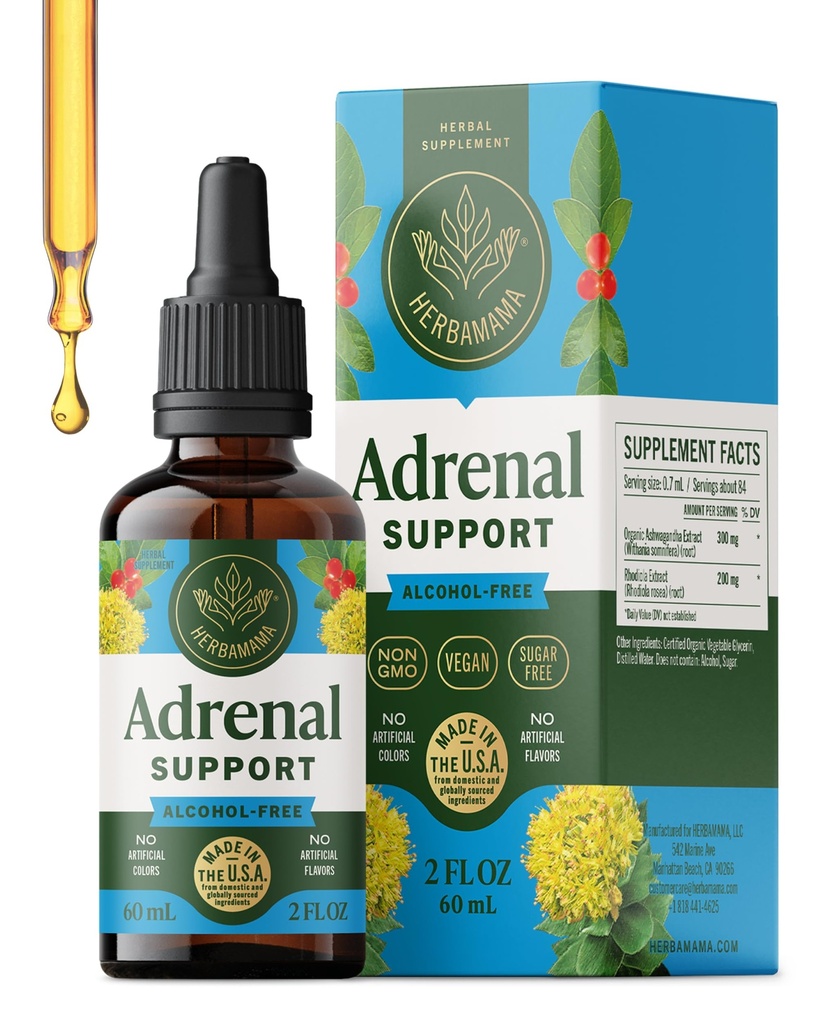 HERBAMAMA Adrenal サポート液体の低下-Ashwagandha Root及びRhodiola Roseaのエキスが付いているビーガンAdrenalのチンキ-非GMO、アルコール及び砂糖なしの補足- 28日の供給