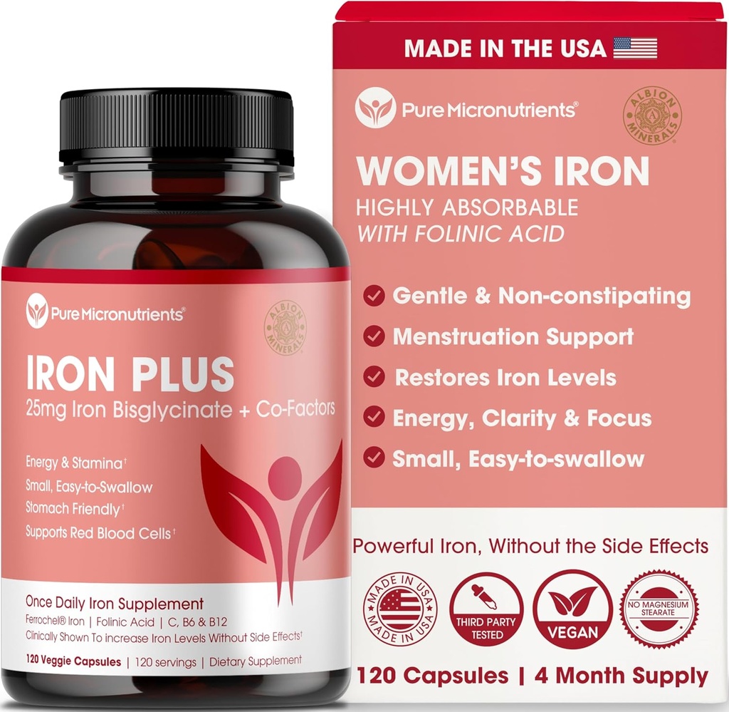 Iron Supplement for Women - Gentle Chelate Iron Bisglycinate 25mg with Vitamin C, B6, B12 Folic Acid – Supports Iron Deficiency, Menstrual Health & Energy - 120 Count