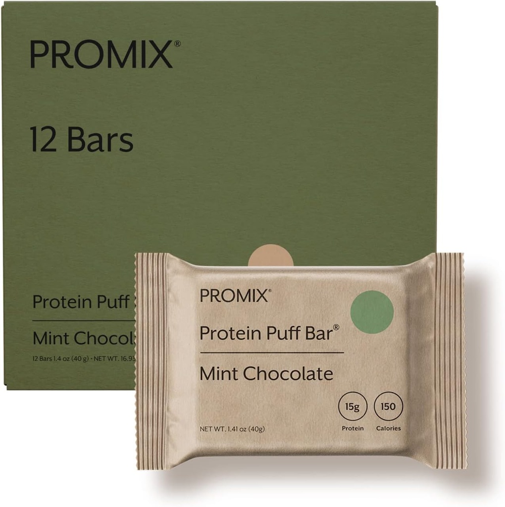 ProMix Nutrition Protein Puff Bars - Mint Chocolate- Marshmallow Crispy Treat - Great Tasting & Healthy On The Go Snack - High Protein & Low Calorie -Free From Gluten, Soy, & Corn - 12 Bars