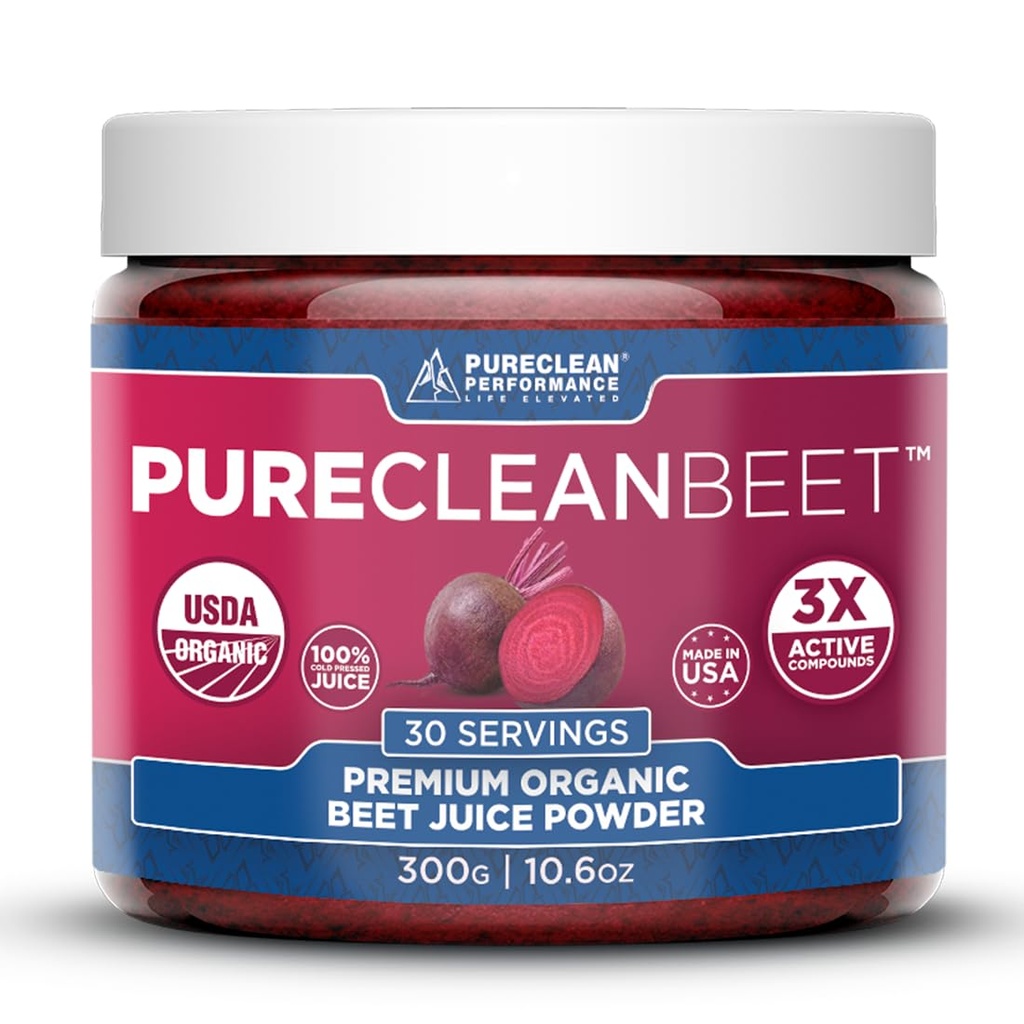 PureCleanビートプレミアムビートジュースパウダー - 臨床的に証明された3X Greaterの循環、耐久性とエネルギーのための100%オーガニックニトリク酸化物サポート - 間違いなく冷間プレス、環境に優しい、米国 - 30のサービング