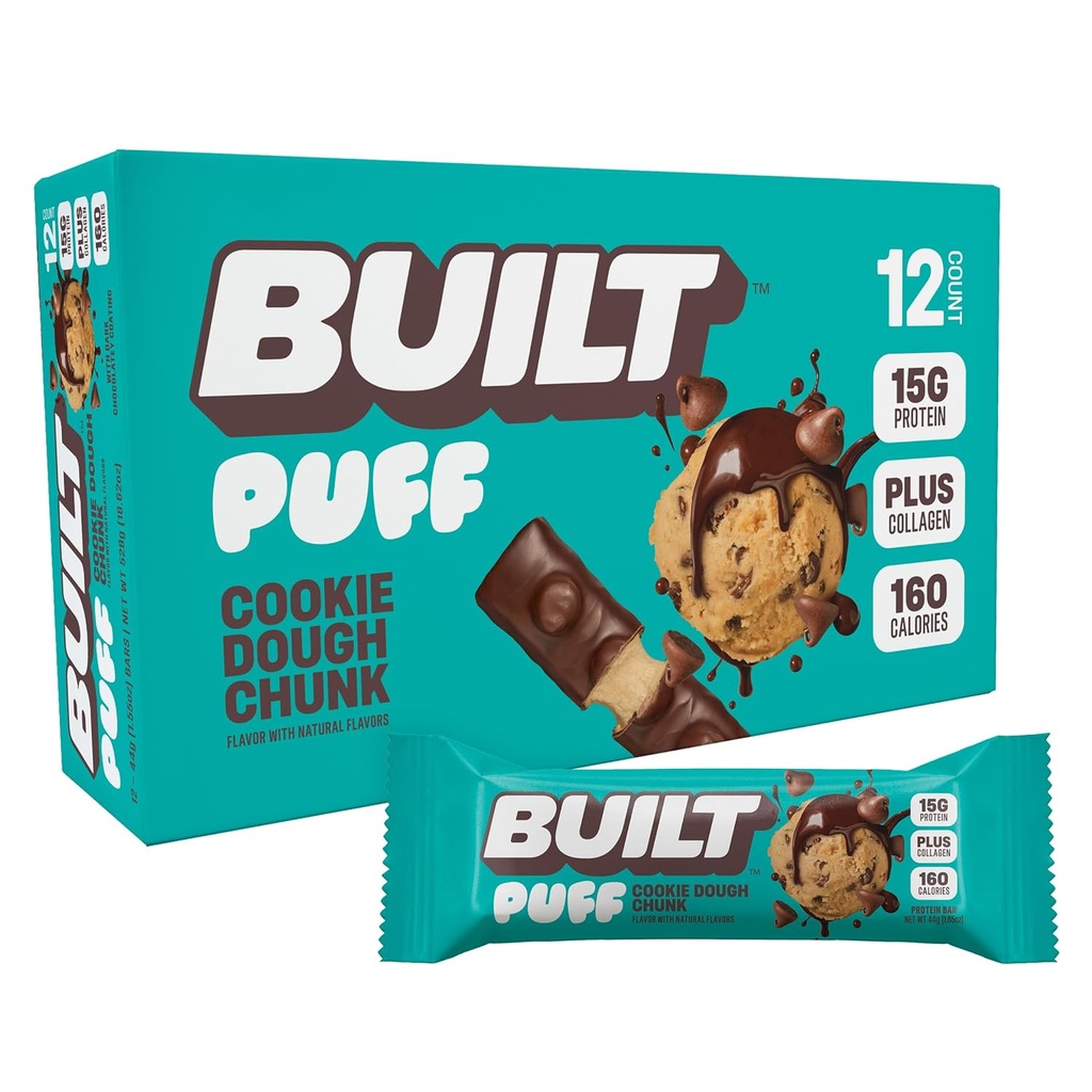 Built Bar, Puff Protein Bars, Cookie Dough Chunk Puff, 15g Protein Snacks, On-The-Go Bars, Only 160 Calories, 8g Sugar, Collagen, Not Gluten Free, 12 Count
