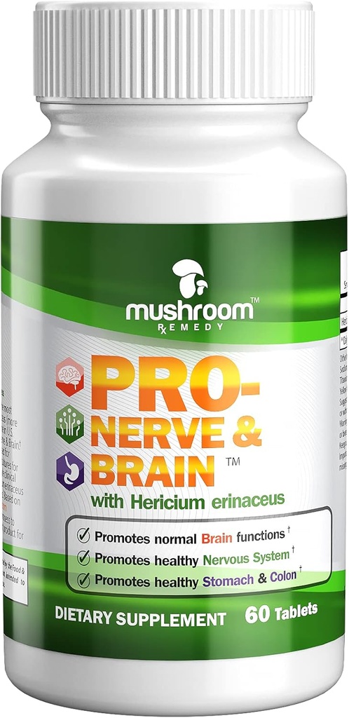 PRO-Nerve & Brain | 記憶のためのオールナチュラルハーブサプリメント, 神経系, 胃, コロン, 消化管トラクト, 臨床的にライオンのマネ茸エキスをスタディ, ビーガン, 非GMO, アメリカメイド, 60錠