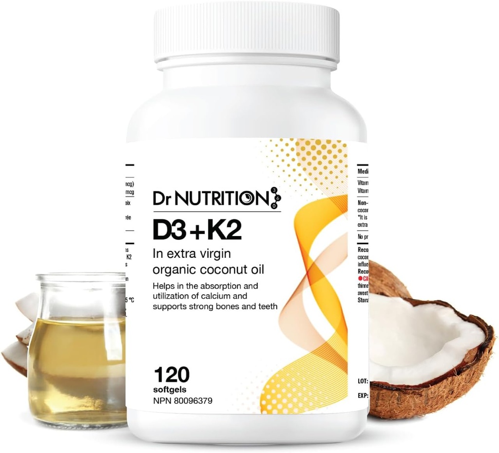 Vitamin D3 + K2 in Organic Coconut Oil, Vitamin K2 MK7 + D3 (1000IU), Rapid Bone and Heart Health Formula, Helps Absorb and Utilize Calcium, Supports Immunity, Improves Mood - 120 Softgels