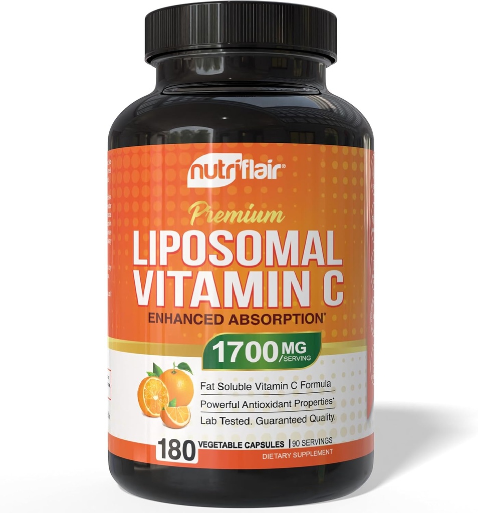 NutriFlair LiposomalビタミンC 1700mg、180カプセル - 高吸収性、脂肪溶性VIT C、高バイオアベイラビリティ免疫システムサポート&コラーゲンブースター、非GMO、ビーガンピル