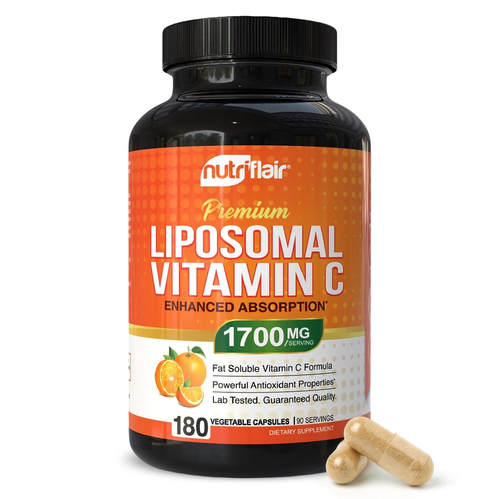 NutriFlair LiposomalビタミンC 1700mg、180カプセル - 高吸収性、脂肪溶性VIT C、高バイオアベイラビリティ免疫システムサポート&コラーゲンブースター、非GMO、ビーガンピル