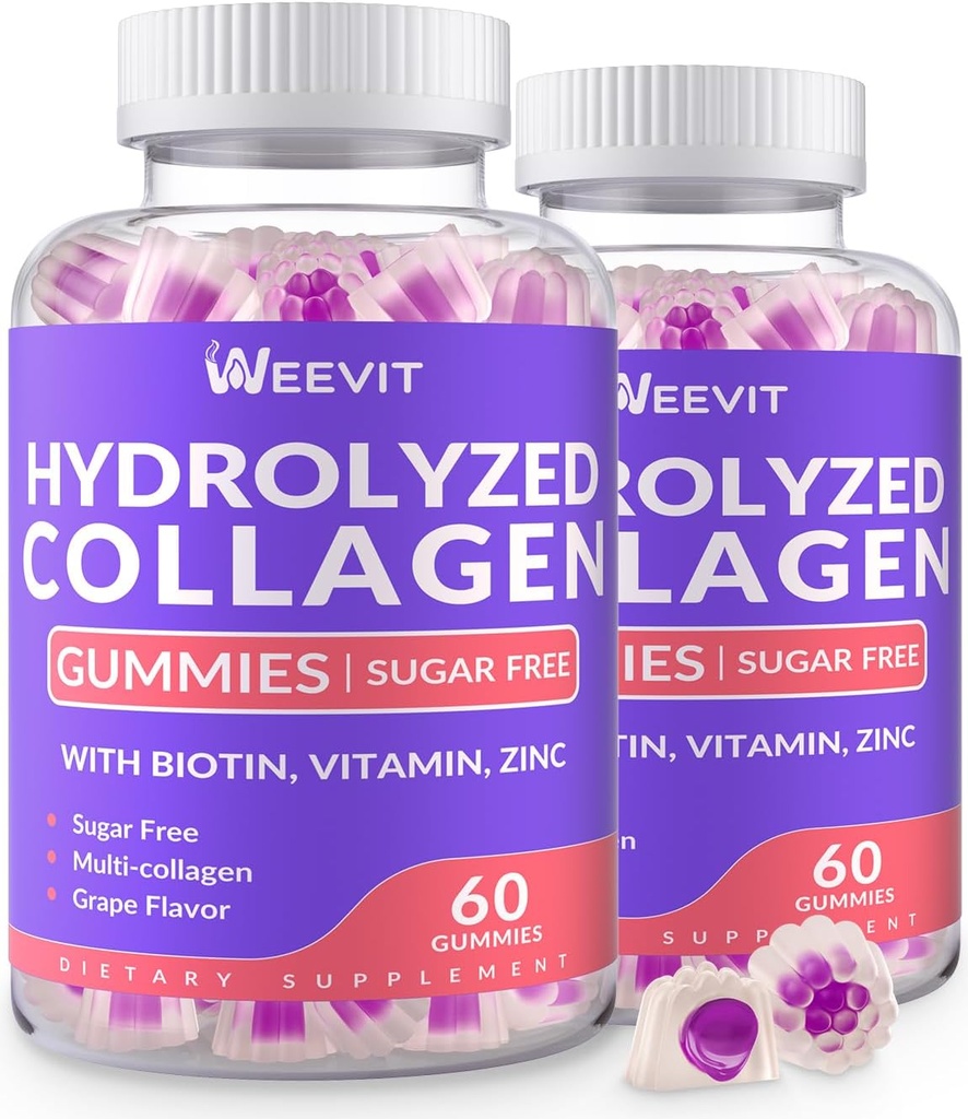 Sugar-Free Hydrolyzed Collagen Gummies, Collagen Peptide Gummies for Women, Collagen Protein Type I,II,III,V,X with Biotin, Vitamin C, D, B12 for Hair Skin Nails