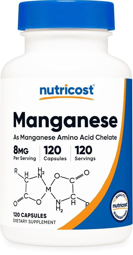 Nutricost Chelatedマンガンサプリメント8mg、アミノ酸キレート、120カプセル、120サービング - グルテンフリー、非GMO、ベジタリアンフレンドリー