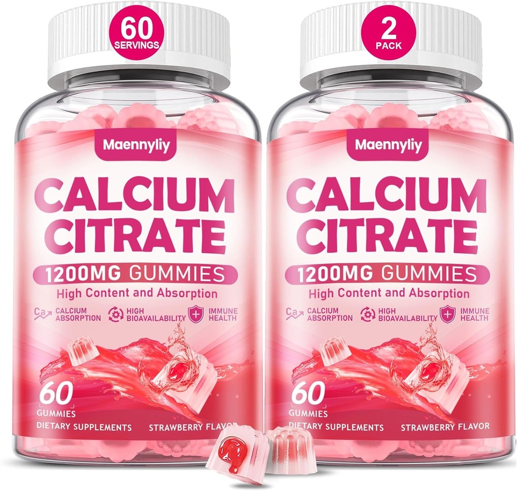 Calcium Citrate Gummies 1200 mg for Adults: Ultimate Absorption Calcium Supplement for Women & Men - Easy to Digest, Vegan, Non-GMO, Gluten Free - Natural Strawberry Flavor