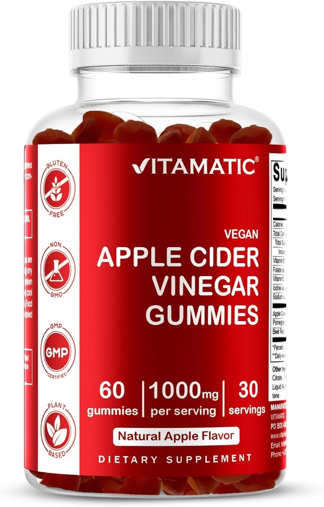 Vitamatic AppleのサイダーのVinegarのガミー - サービングごとの1000mg - 60ビーガンガミー - Detox、減量サポート、エネルギーブースト、消化及び腸の健康のためのACVガミー