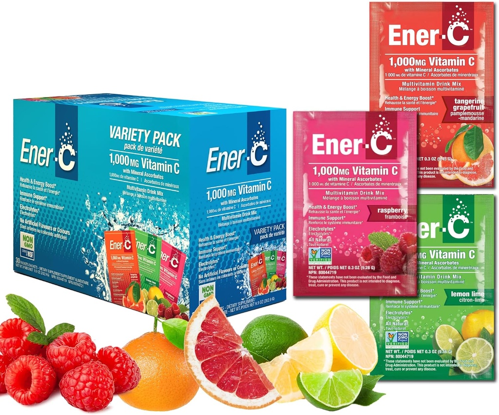 Ener-CバラエティパックマルチビタミンドリンクミックスパウダービタミンC 1000mg & リアルフルーツジュースナチュラルエネルギーと免疫サポート女性&男性 - 非GMOビーガン&グルテンフリー - 30カウント