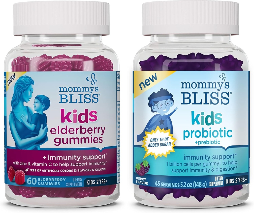 Mommy's Bliss Kids Elderberry Gummies 60 カウント (パッケージ 1), Kids Probiotic + Prebiotic Gummies 45 カウント (パッケージ 1), サポートキッズ免疫と健康な消化