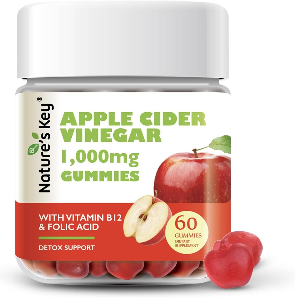 Nature's Key Apple Cider Vinegar Gummies -1000mg 60カウント、減量、消化、自然デトックス&クレンジング | ビーガン、非GMO、グルテンフリー| 葉酸ビタミンB6 B12ビートルートザクロ
