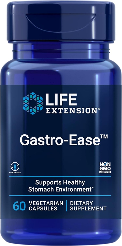 Life Extension Gastro-Ease™, zinc L-carnosine, Pylopass™ Lactobacillus reuteri probiotics, Digestion Supplement, Gut Health, Stomach Comfort, Gluten-Free, Non-GMO, Vegetarian, 60 Capsules