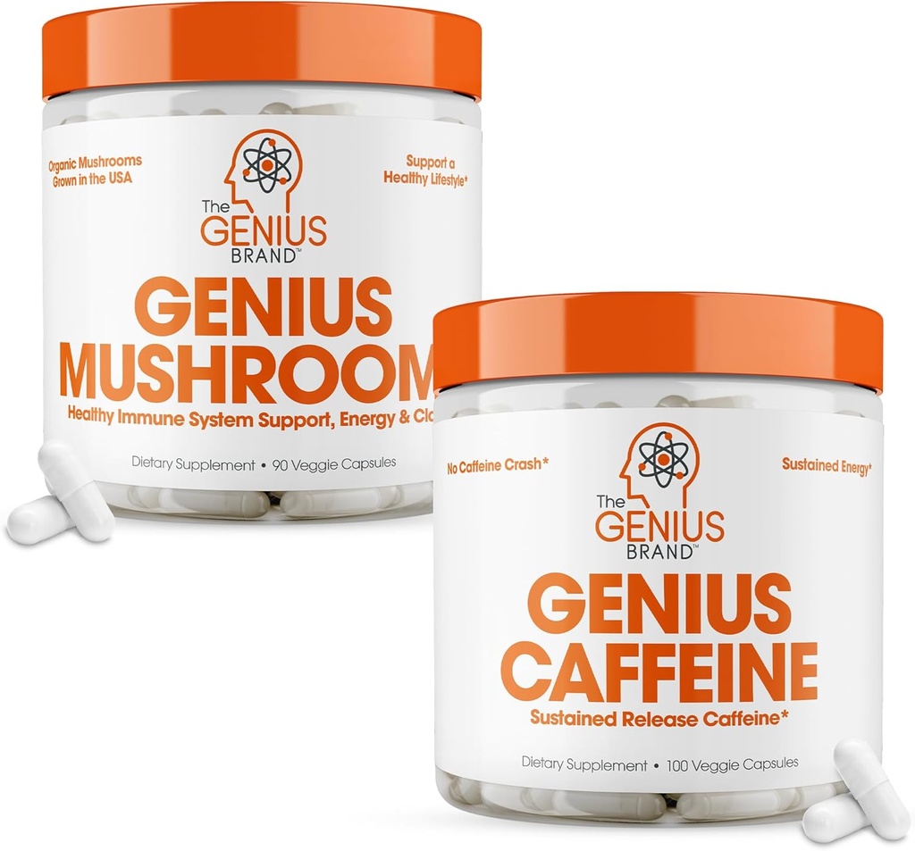 Geniusブランド - Geniusキノコとカフェインサプリメントバンドル - ライオンズマネ、Reishi、Cordyceps - Sustainedリリースカフェイン