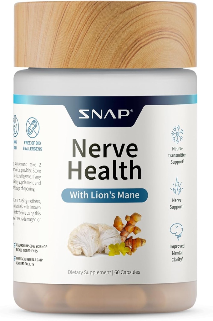 スナップは、ライオンのマネ、有機的ターメリック&ハーブとNerve Health Supportを補います - メンタルクラリティ、メモリ、フォーカスとNerve機能をサポート - 60カプセル