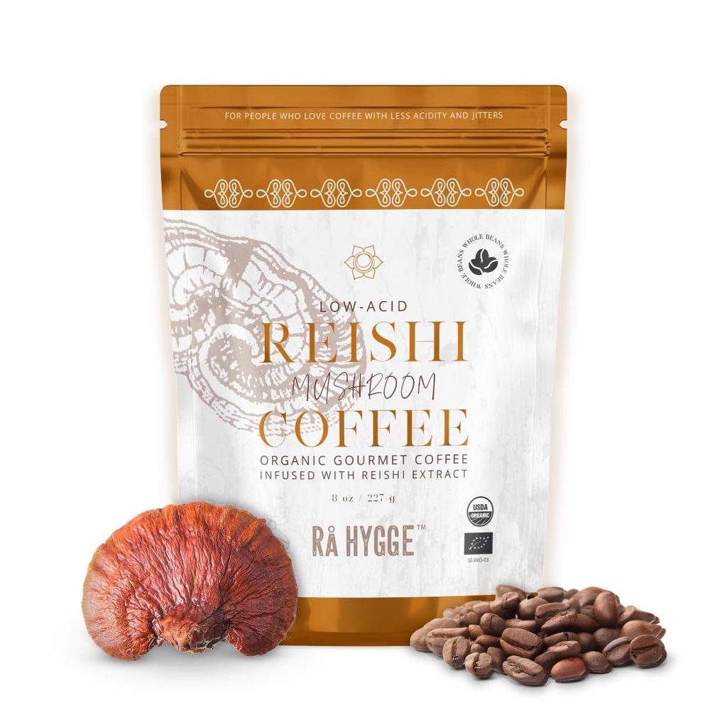 Rå Hygge スペシャルティ オーガニック 全豆茸珈琲 with Reishi - Calm エネルギー、リラクゼーション&バランス - ヘルシーコーヒー代替品、低酸媒体ロースト、8オンス(16カップ)、スウェーデンでロースト