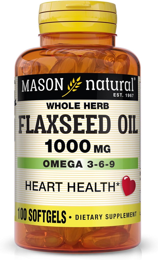 MASON NATURAL Flaxseed Oil 1000mg – Omega 3-6-9 Softgels for Heart Health – Cold-Pressed Whole Herb Supplement – Gluten-Free, Non-GMO, 100 Softgels