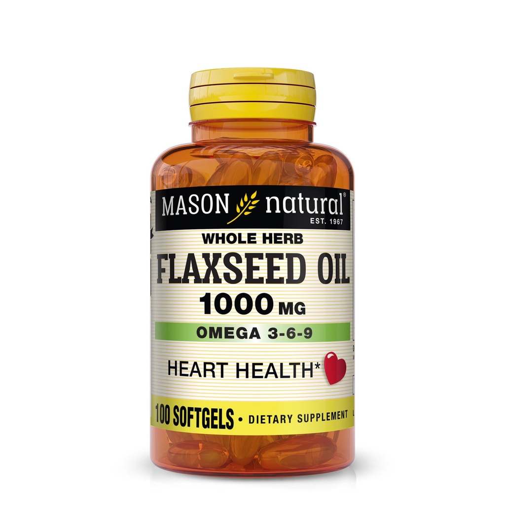 MASON NATURAL亜麻仁油1000mg – 心の健康のためのオメガ3-6-9ソフトゲル – 冷間プレス 全ハーブサプリメント – グルテンフリー、非GMO、100 Softgels