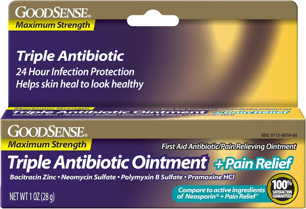 GoodSense Maximum Strength Triple Antibiotic Ointment plus Pain Relief - Soothes Painful Cuts, Scrapes and Burns, Prevents Infection, First Aid Antibiotic, External Analgesic, 1 oz
