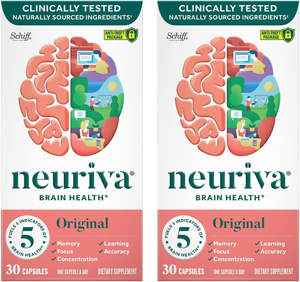 NEURIVA オリジナル ブレイン メモリ、フォーカス&集中 + 臨床的にテストされた Nootropics Phosphatidylserine と Neurofactor、カフェイン無料、30 カプセル(2パック)