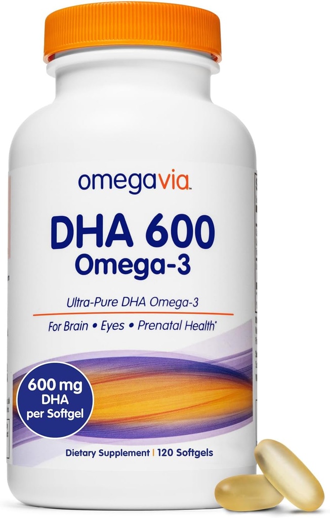 OmegaVia DHA 600 mg, 脳と目のための超純粋なオメガ3 DHAサプリメント, 女性のためのDHAプレナタルビタミン, 完全魚油オメガ3, IFOSテスト済み, 120 Softgels