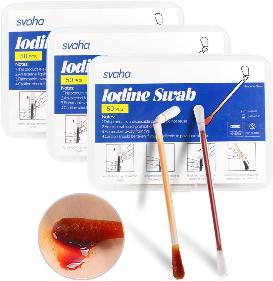 Povidone Iodine Swabs - 150 Sticks Sterile Iodine Swabsticks, Individually Wrapped Cotton Swabs, Solution Filled for Wound Cleansing, First Aid, Travel