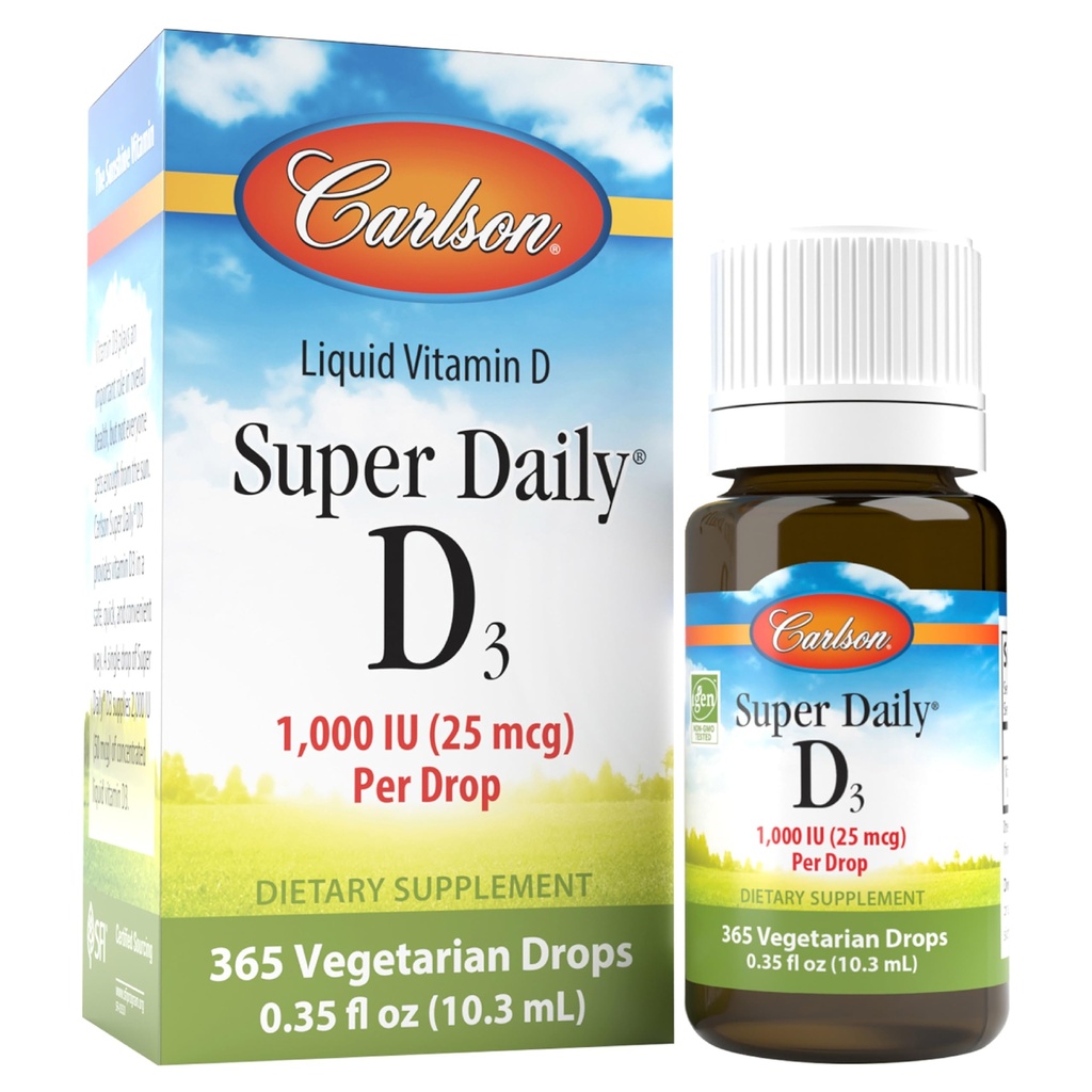 カールソン - スーパーデイリーD3、ビタミンDドロップ、1滴あたり1,000 IU(25 mcg)、1年の供給、ビタミンD3液体、ハート&免疫健康、ベジタリアン、液体ビタミンD3ドロップ、フラバード、365ドロップ