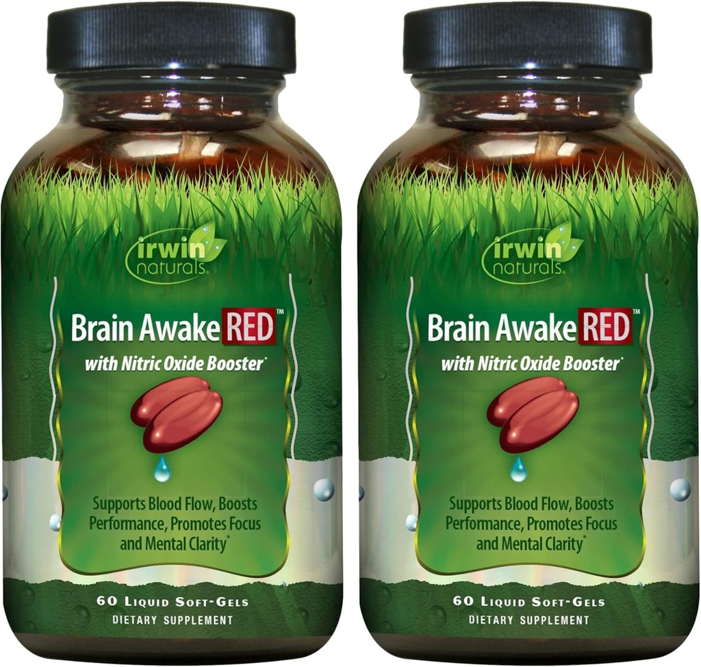 Irwin Naturals Brain Awake RED with Nitric Oxide Booster - 60 Liquid Soft-Gels, Pack of 2 - Support Brain Health & Optimize Performance - 40 Total Servings